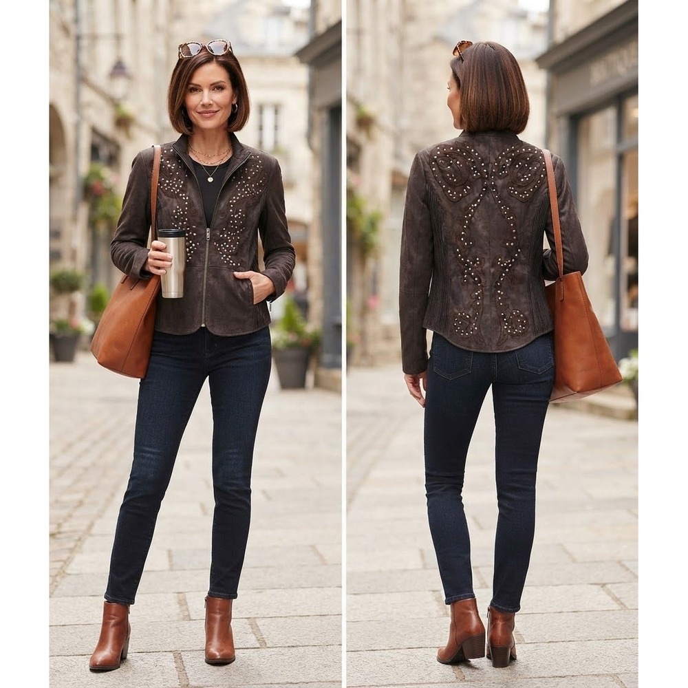 Reba Autumn Bliss Brown Faux Suede Studded Western Jacket 1309-1930  S